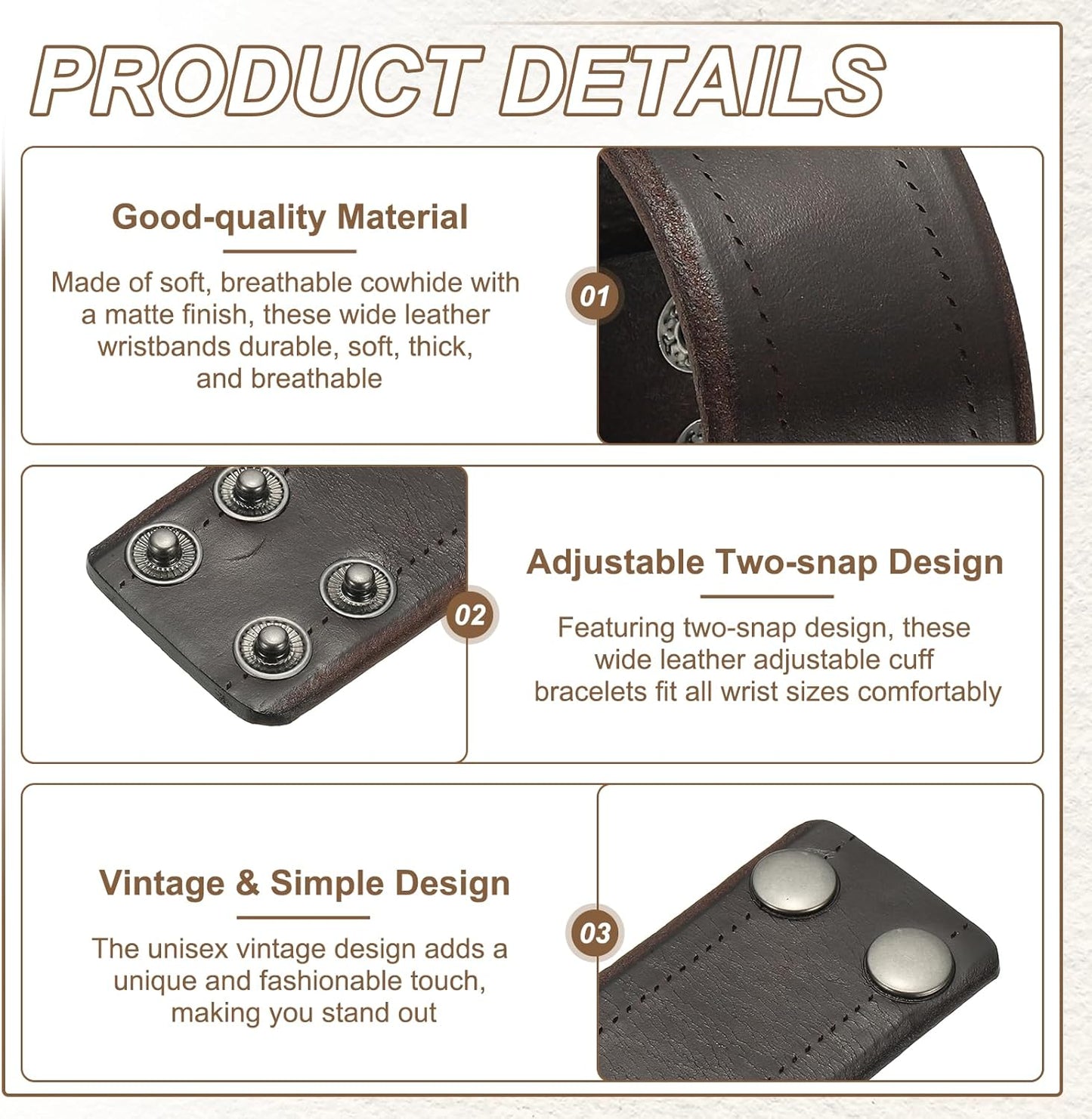 Wide Simple Leather Wristbands, Vintage Adjustable Cuff Bracelets Dark Brown - V1259-DP01-A-5236