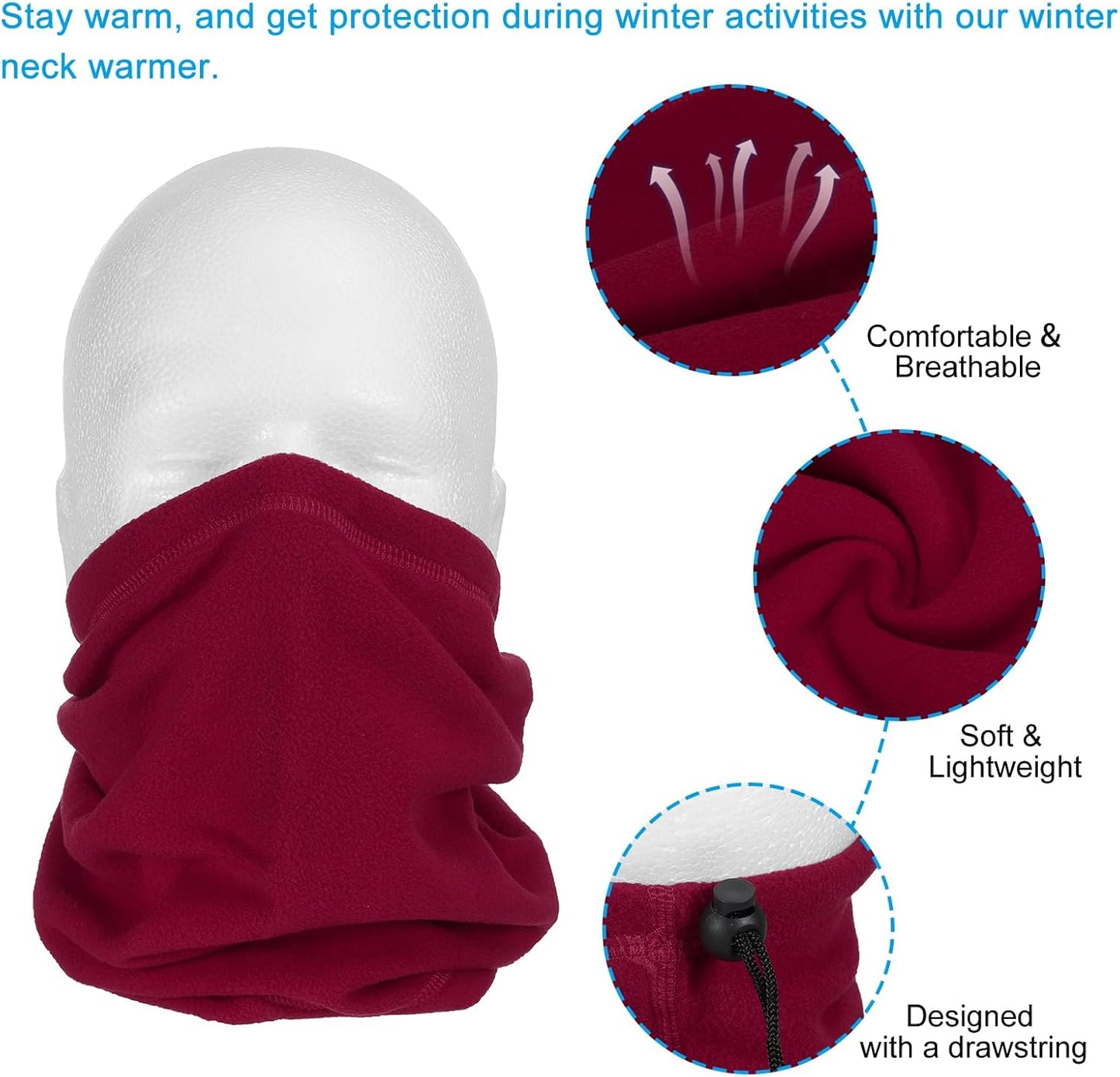 Winter Neck Warmer, Drawstring Warm Face Scarf Covering Windproof Gaiter for Men Women Wine Red - V1259-DP01-A-5240