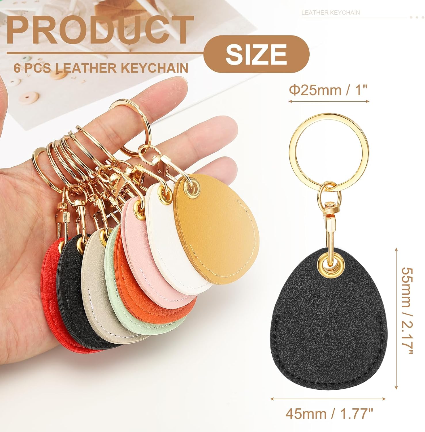 6pcs Leather Keychain Blanks,45mm Sublimation Blanks PU Key Chain Keyring with Rings,Water Drop Black - V1259-DP01-A-5254