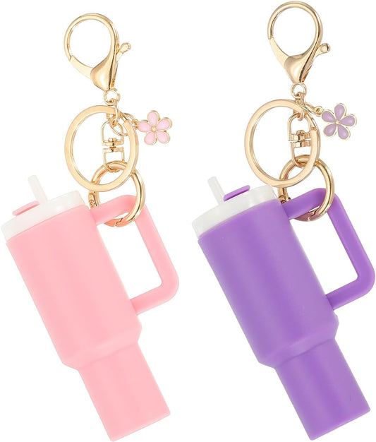 Mini Tumbler Keychain, 2Pcs Cute Cup Keychain Lip Balm Holder Charm Purse, Flower Pink, Dark Purple - V1259-DP01-A-5257