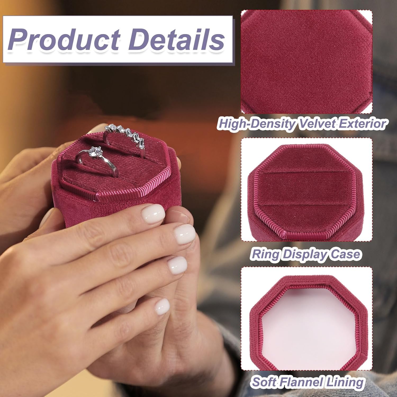 3 Slots Vintage Velvet Ring Boxes, 2 Pack Octagonal Elegant His and Her Wedding Jewelry Organizer Holders for V1259-DP01-A-5266