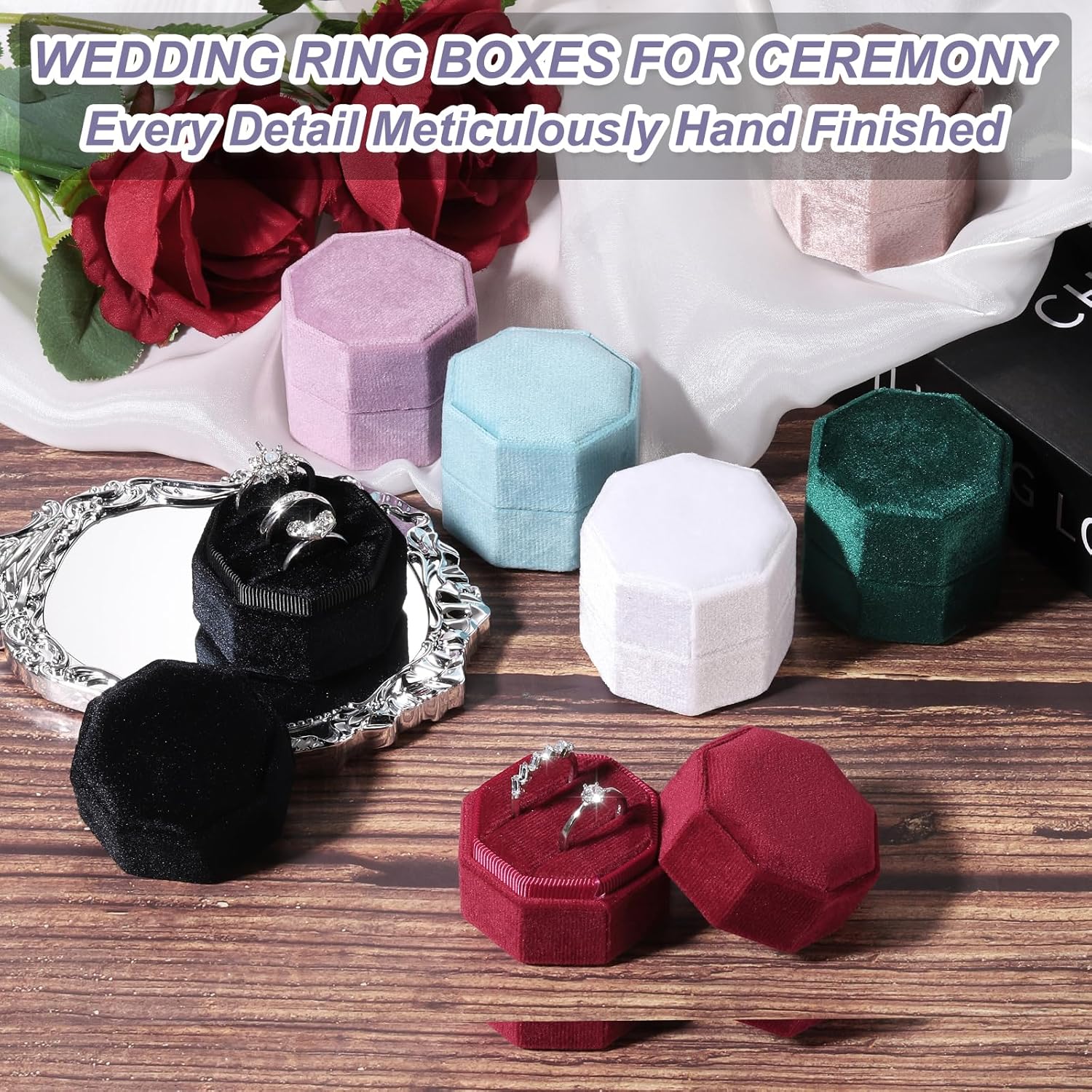 3 Slots Vintage Velvet Ring Boxes, 2 Pack Octagonal Elegant His and Her Wedding Jewelry Organizer Holders for V1259-DP01-A-5266
