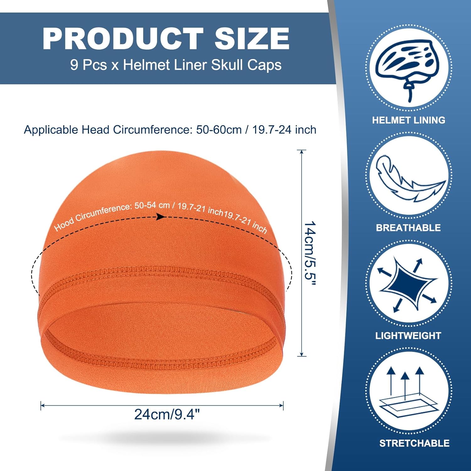 Helmet Liner Skull Cap for Men, Sweat Wicking Hats Stretchy Under Helmets Caps Orange - V1259-DP01-A-5278