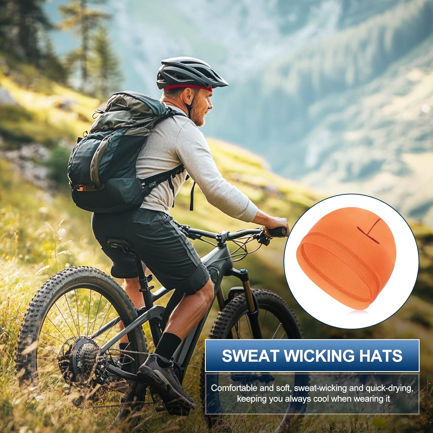 Helmet Liner Skull Cap for Men, Sweat Wicking Hats Stretchy Under Helmets Caps Orange - V1259-DP01-A-5278