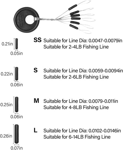 1200pcs Fishing Rubber Bobber Stoppers 6 in 1 Float Sinker Stops Black Oval Cylinder for Line Shape M(4-8LB V1259-DP01-A-5323