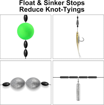 1200pcs Fishing Rubber Bobber Stoppers 6 in 1 Float Sinker Stops Black Oval Cylinder for Line Shape M(4-8LB V1259-DP01-A-5323