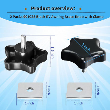901022 Black RV Awning Brace Knob or Rafter Locking Knobs with Clamp fit Camper/RV/Motorhome - V1259-DP01-A-5379