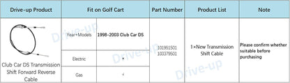 Golf Cart Transmission Shift Forward Reverse Cable for 1998-2003 Club Car DS Carts, OEM 101951501 103379501 - V1259-DP01-A-5442