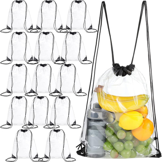 15 Pieces PVC Clear Drawstring Bag Small Waterproof Plastic Backpack For Stadiums Sporting Events (Black) V1259-DP01-A-5507