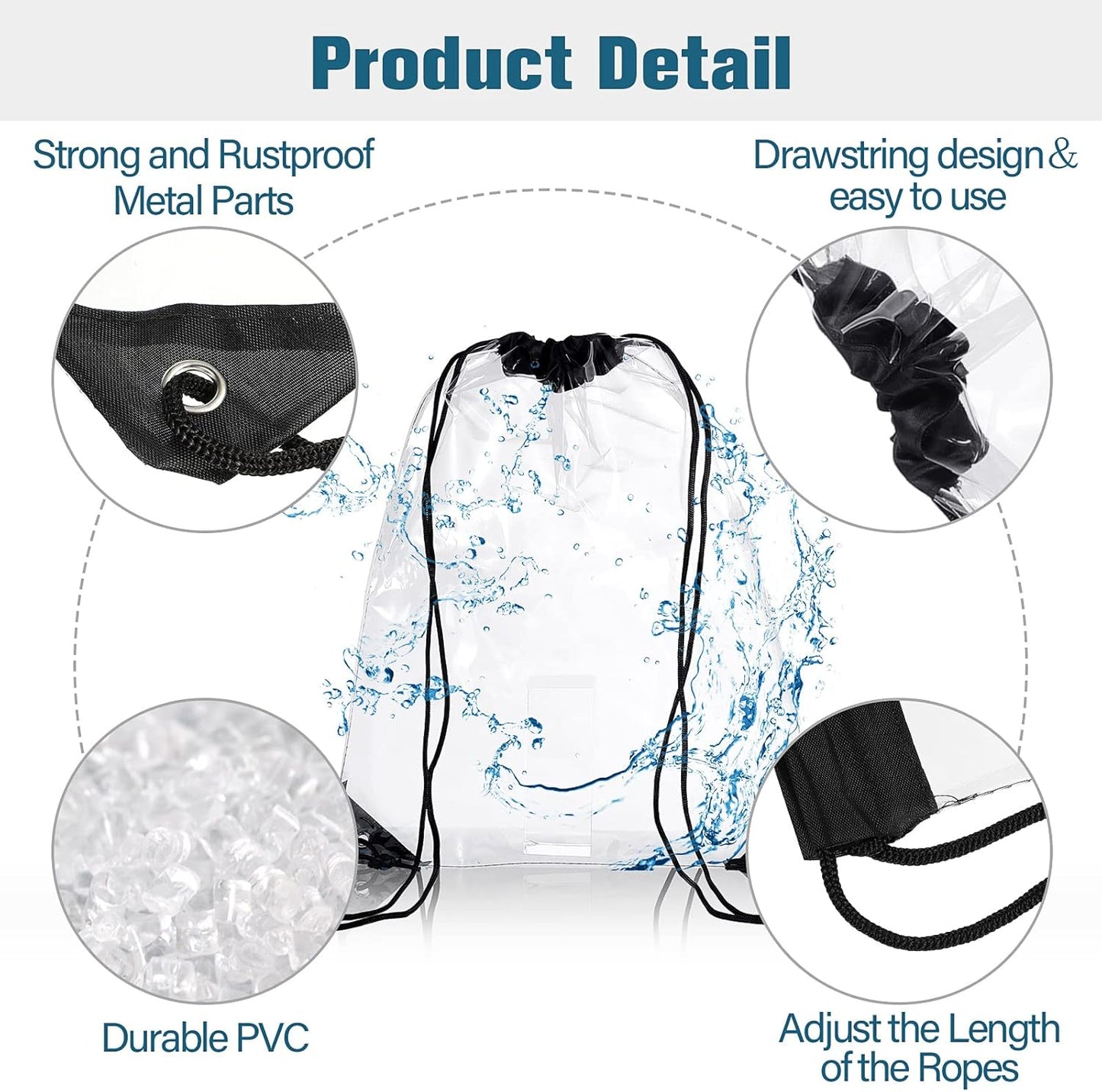 15 Pieces PVC Clear Drawstring Bag Small Waterproof Plastic Backpack For Stadiums Sporting Events (Black) V1259-DP01-A-5507