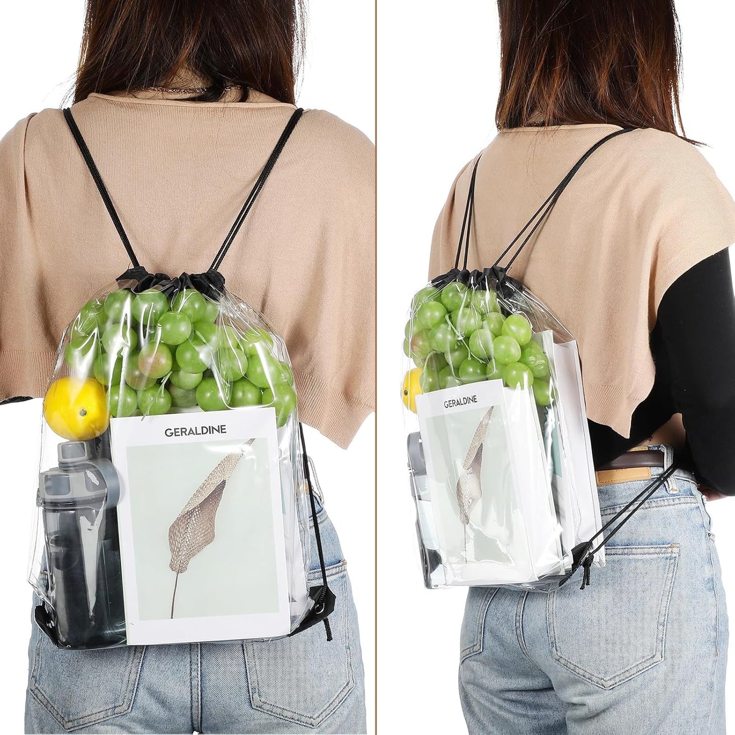 15 Pieces PVC Clear Drawstring Bag Small Waterproof Plastic Backpack For Stadiums Sporting Events (Black) V1259-DP01-A-5507