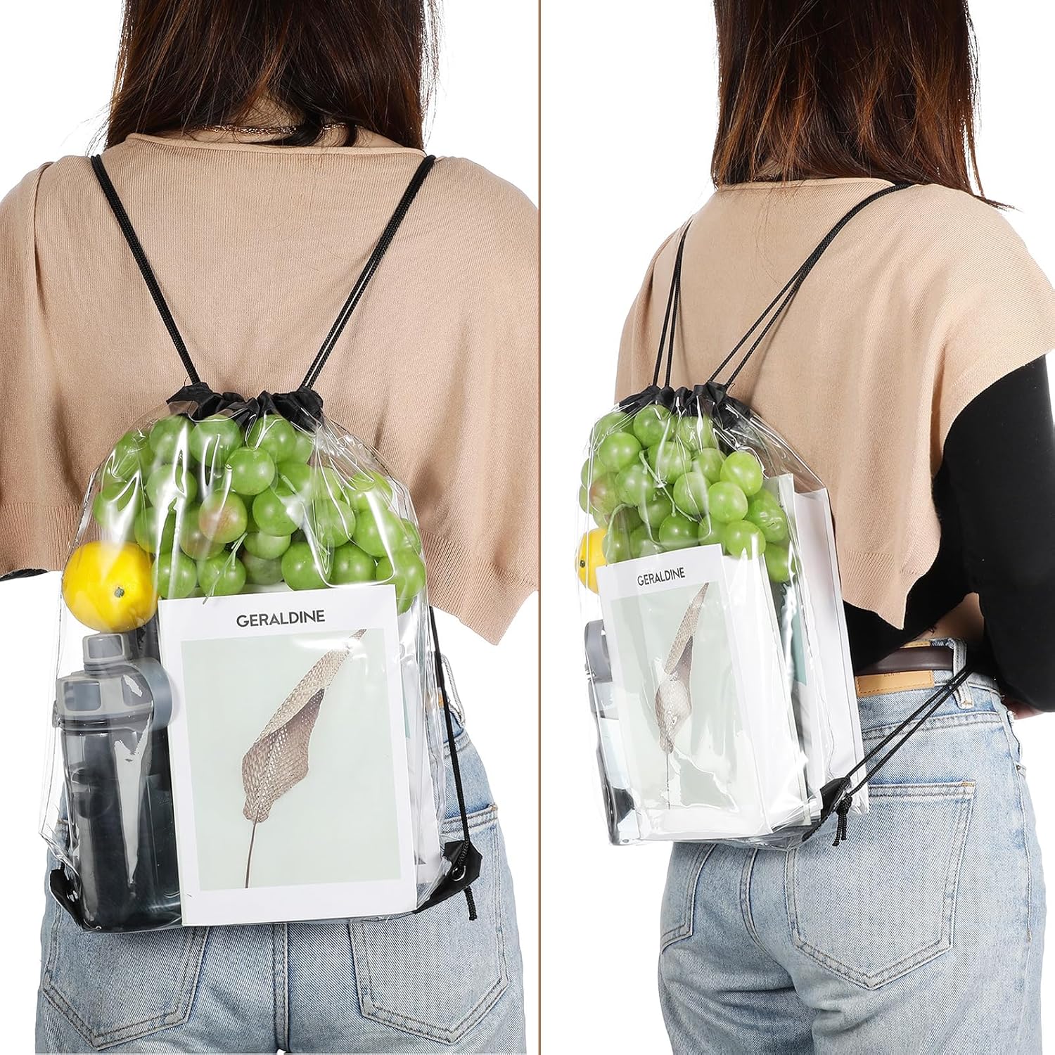 15 Pieces PVC Clear Drawstring Bag Small Waterproof Plastic Backpack For Stadiums Sporting Events (Black) V1259-DP01-A-5507