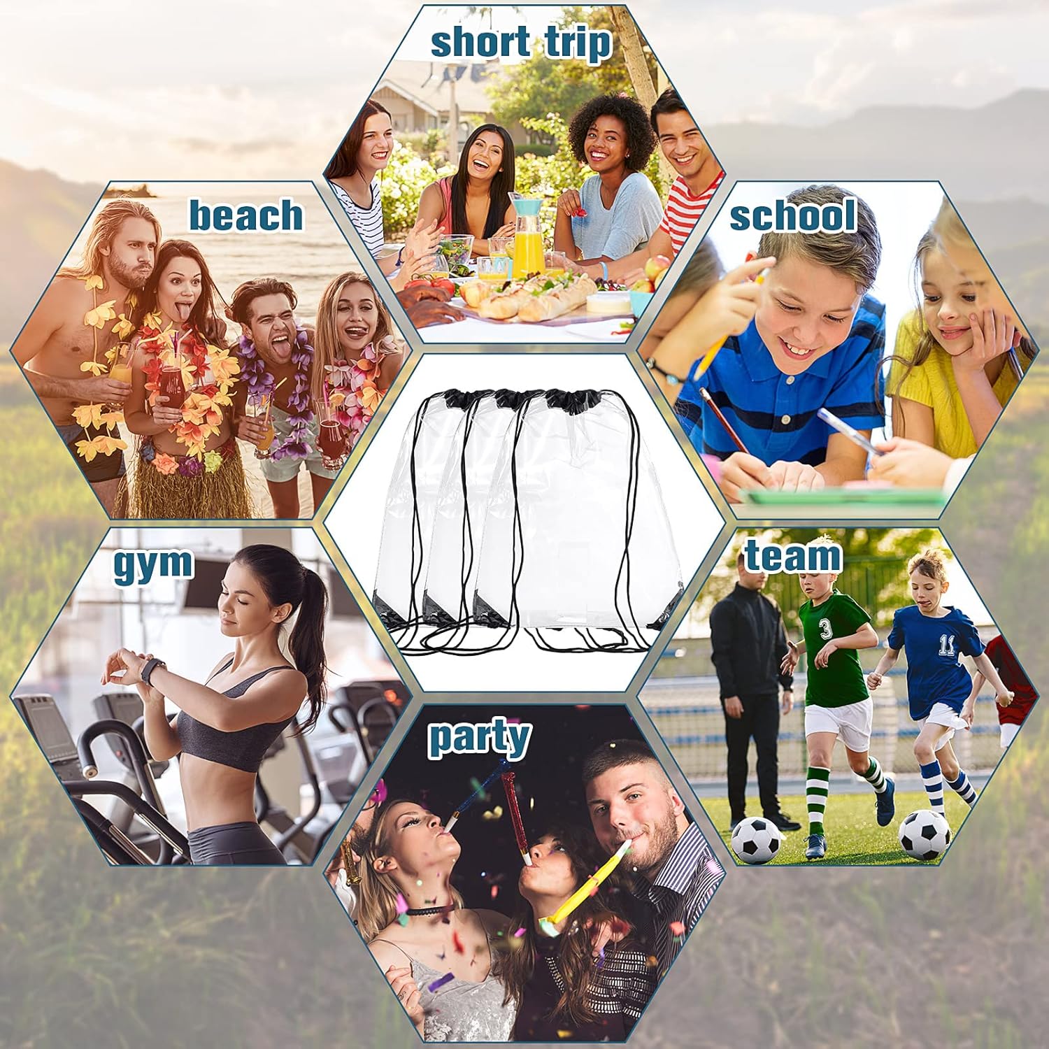 15 Pieces PVC Clear Drawstring Bag Small Waterproof Plastic Backpack For Stadiums Sporting Events (Black) V1259-DP01-A-5507