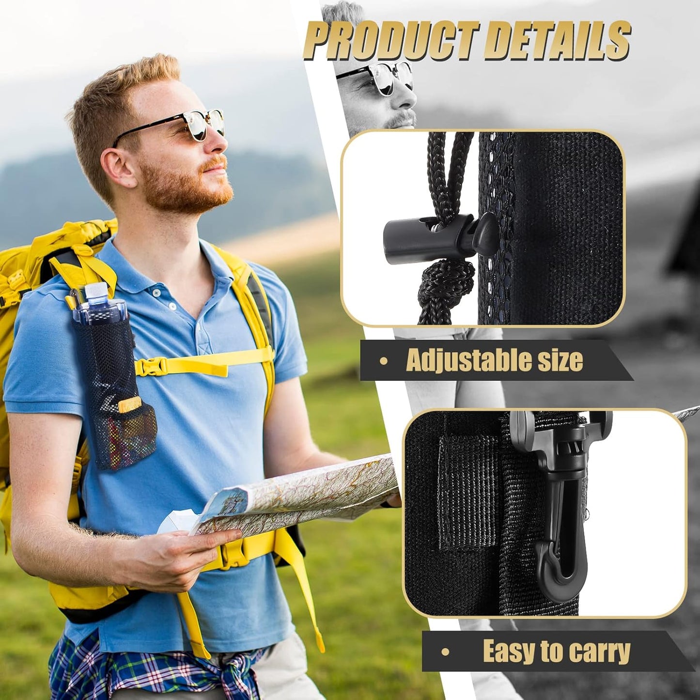 2 Pcs Water Bottle Holder for Backpack Foldable Mesh and Snack Adjustable Pouch Tactical Attachments Carrier V1259-DP01-A-5520