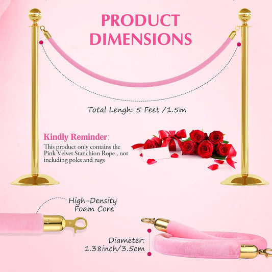 4 Pieces Pink Velvet Stanchion Rope 5 Feet Ropes with Gold Clasps for Party Hotels Wedding Movie Theaters V1259-DP01-A-5521
