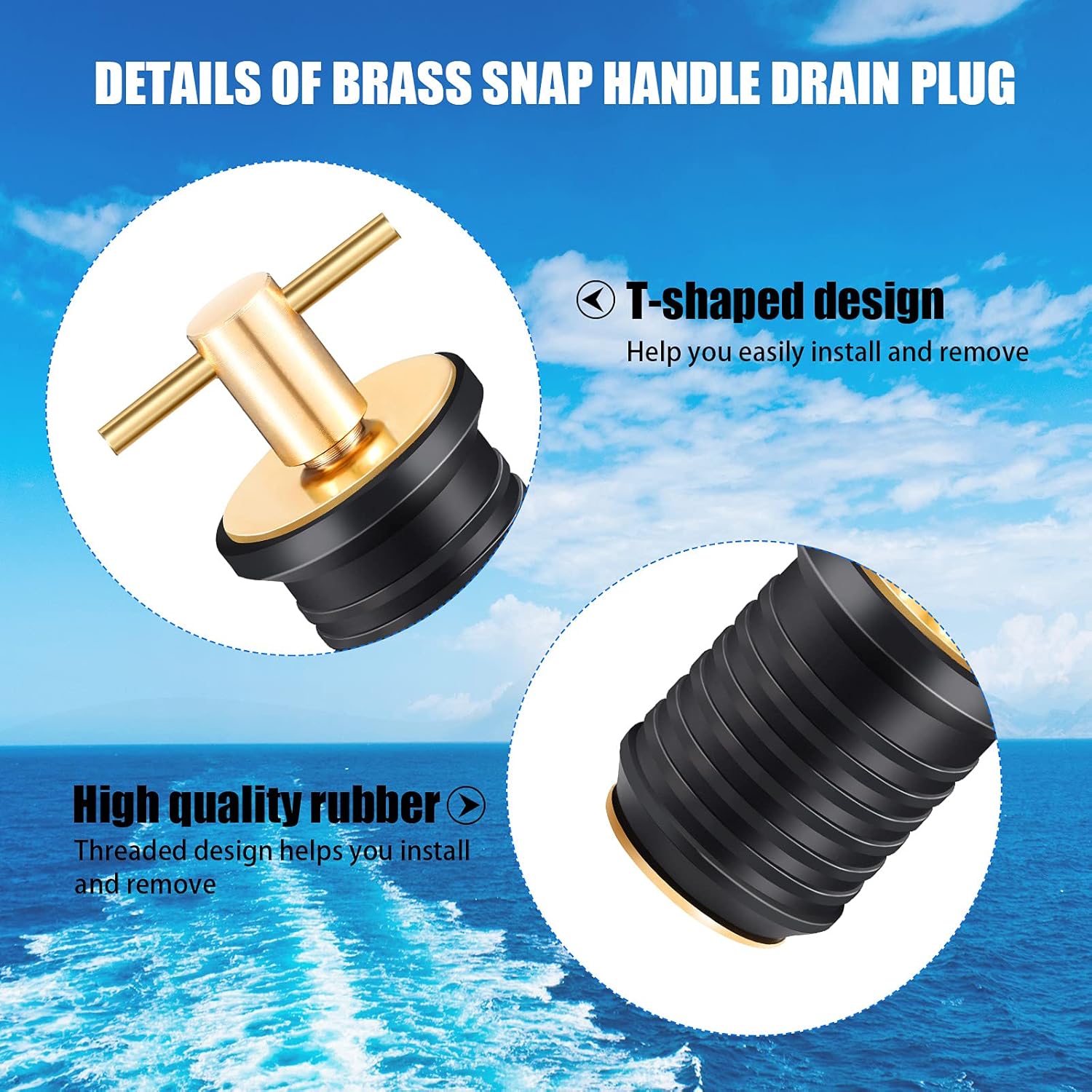 2 Pcs T-Handle Boat Drain Plug Brass Snap for Marine 1 Inch - V1259-DP01-A-5526