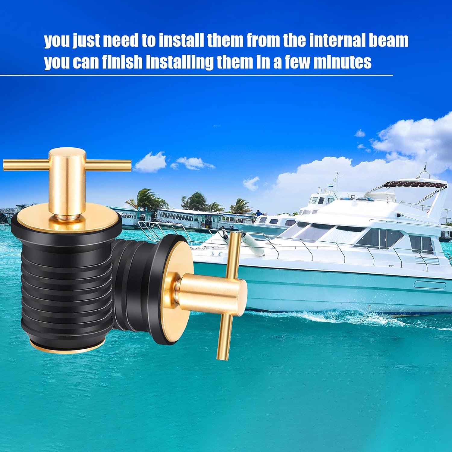 2 Pcs T-Handle Boat Drain Plug Brass Snap for Marine 1 Inch - V1259-DP01-A-5526