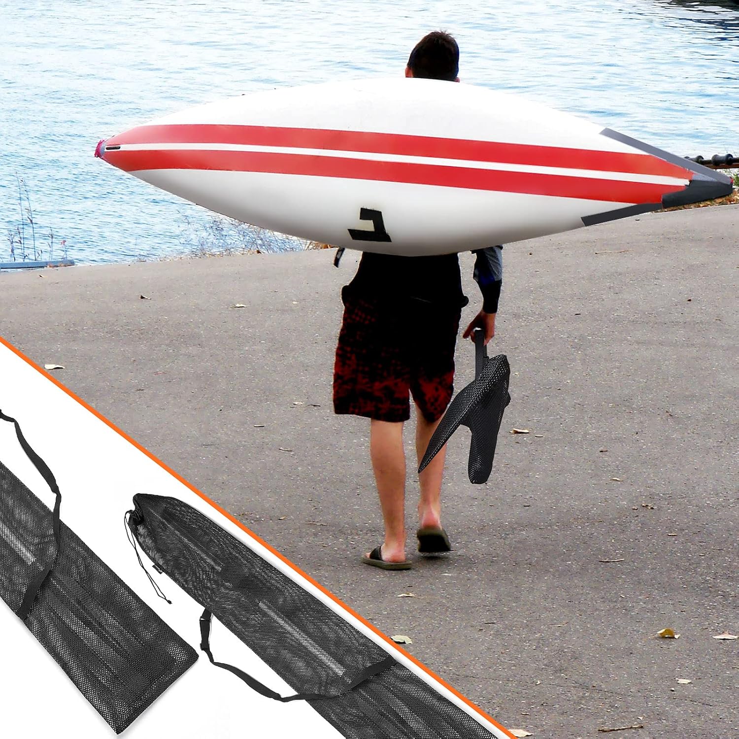 2 Pieces Drawstring Mesh Kayak Paddle Bag With Adjustable Shoulder Strap - Portable Storage for Long Boat V1259-DP01-A-5565