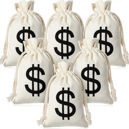 48 Pcs Canvas Money Bags Bulk with Drawstring Dollar Sign Sacks Pouch 4.3 x 7.1 Inch Cash Coin Props for V1259-DP01-A-5584