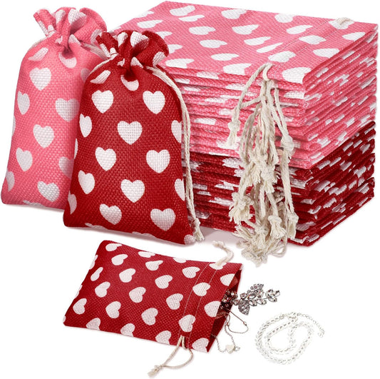 24 Pieces Valentine's Day Burlap Bag with Drawstring Linen Heart Red and Pink for 4 x 6 Inches Party Favor V1259-DP01-A-5590