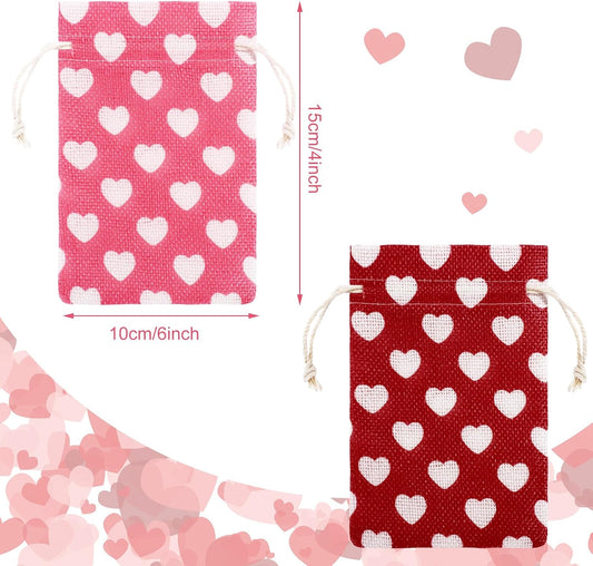 24 Pieces Valentine's Day Burlap Bag with Drawstring Linen Heart Red and Pink for 4 x 6 Inches Party Favor V1259-DP01-A-5590