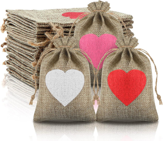 24 Pieces Valentine's Day Heart Burlap with Drawstring Present Bags 4 x 6 Inch Mini Rustic Pouches Small V1259-DP01-A-5591