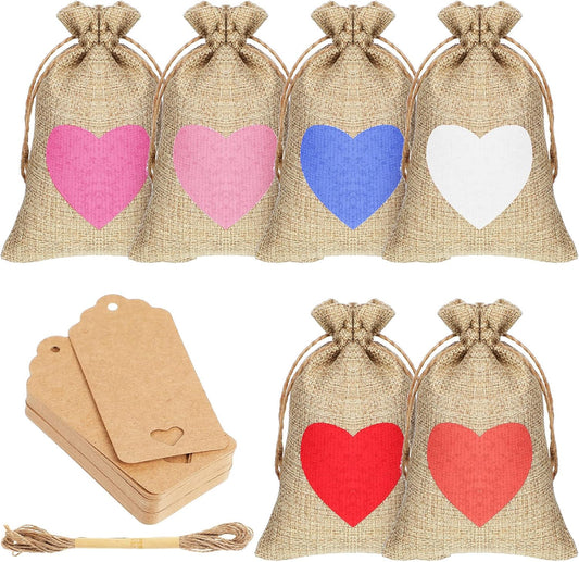36 Pcs Valentine's Day Burlap Gift Bags with Drawstring Heart 6x4 In Party Favor Bag Mini Rustic Pouches V1259-DP01-A-5592