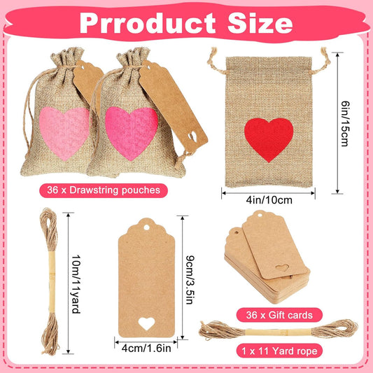 36 Pcs Valentine's Day Burlap Gift Bags with Drawstring Heart 6x4 In Party Favor Bag Mini Rustic Pouches V1259-DP01-A-5592