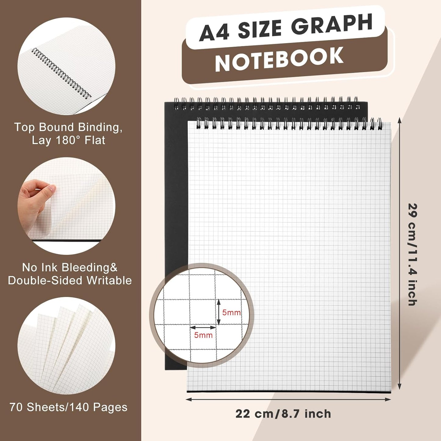 2 Pack Top Spiral Graph Paper Notebooks 8.7 X11.4 Inch A4 Grid Notepad 70 Sheet Memo Steno Pad for V1259-DP01-A-5611