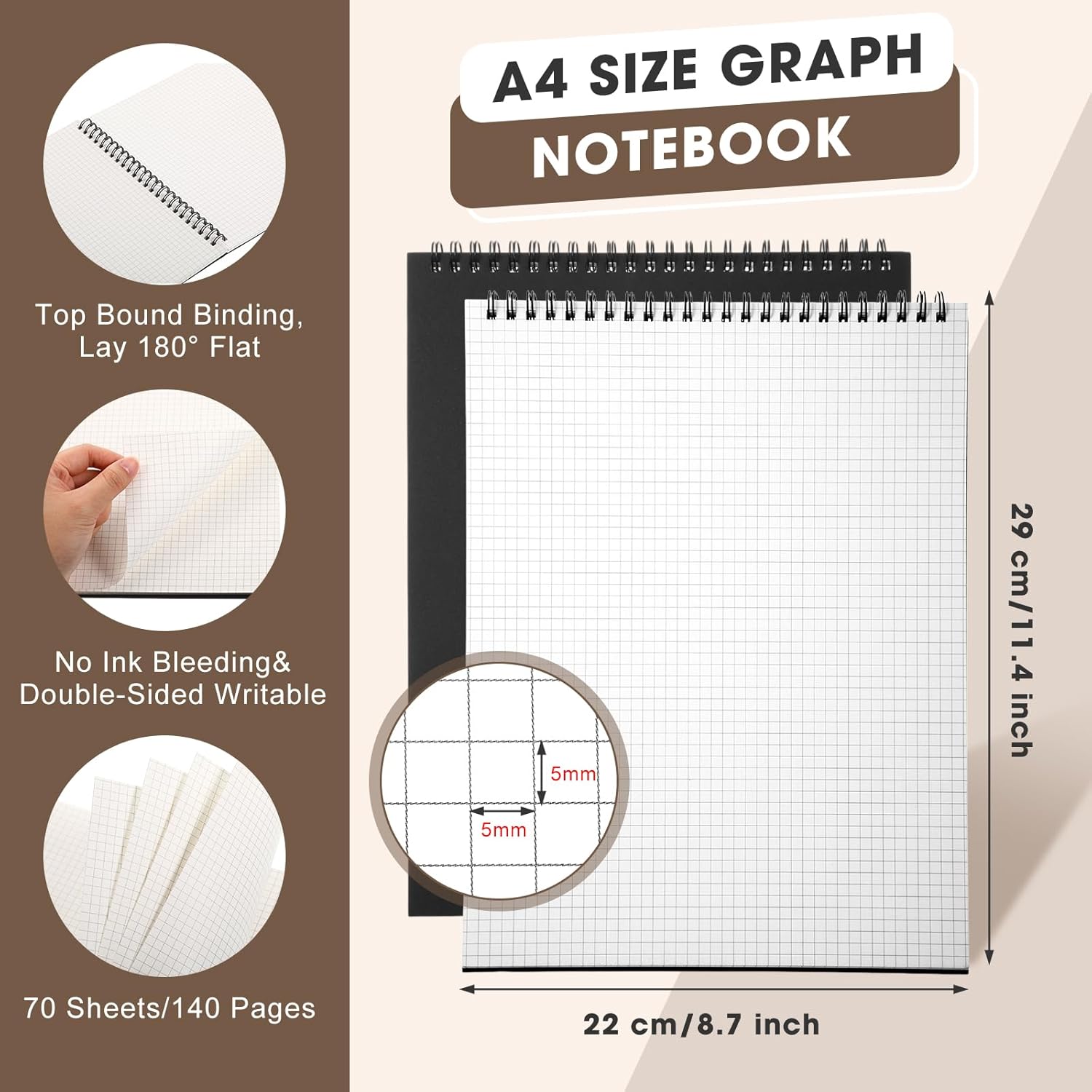 2 Pack Top Spiral Graph Paper Notebooks 8.7 X11.4 Inch A4 Grid Notepad 70 Sheet Memo Steno Pad for V1259-DP01-A-5611