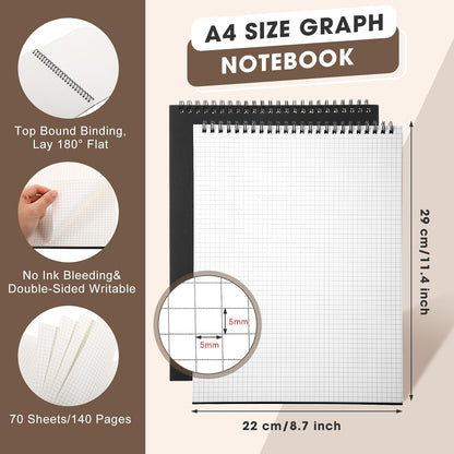 2 Pack Top Spiral Graph Paper Notebooks 8.7 X11.4 Inch A4 Grid Notepad 70 Sheet Memo Steno Pad for V1259-DP01-A-5611