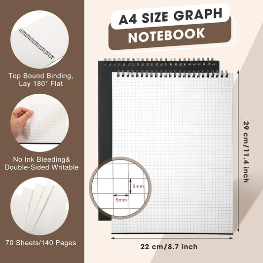 2 Pack Top Spiral Graph Paper Notebooks 8.7 X11.4 Inch A4 Grid Notepad 70 Sheet Memo Steno Pad for V1259-DP01-A-5611