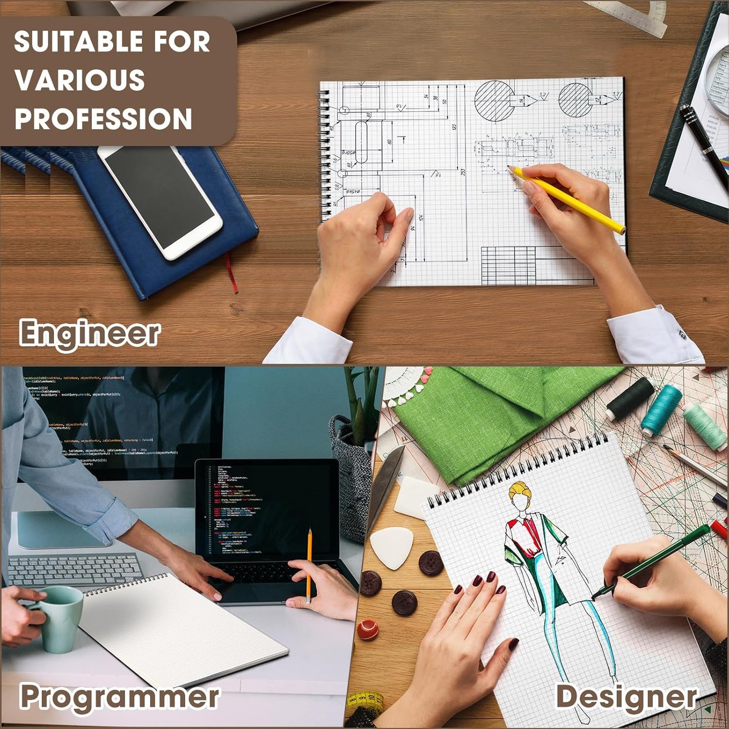 2 Pack Top Spiral Graph Paper Notebooks 8.7 X11.4 Inch A4 Grid Notepad 70 Sheet Memo Steno Pad for V1259-DP01-A-5611