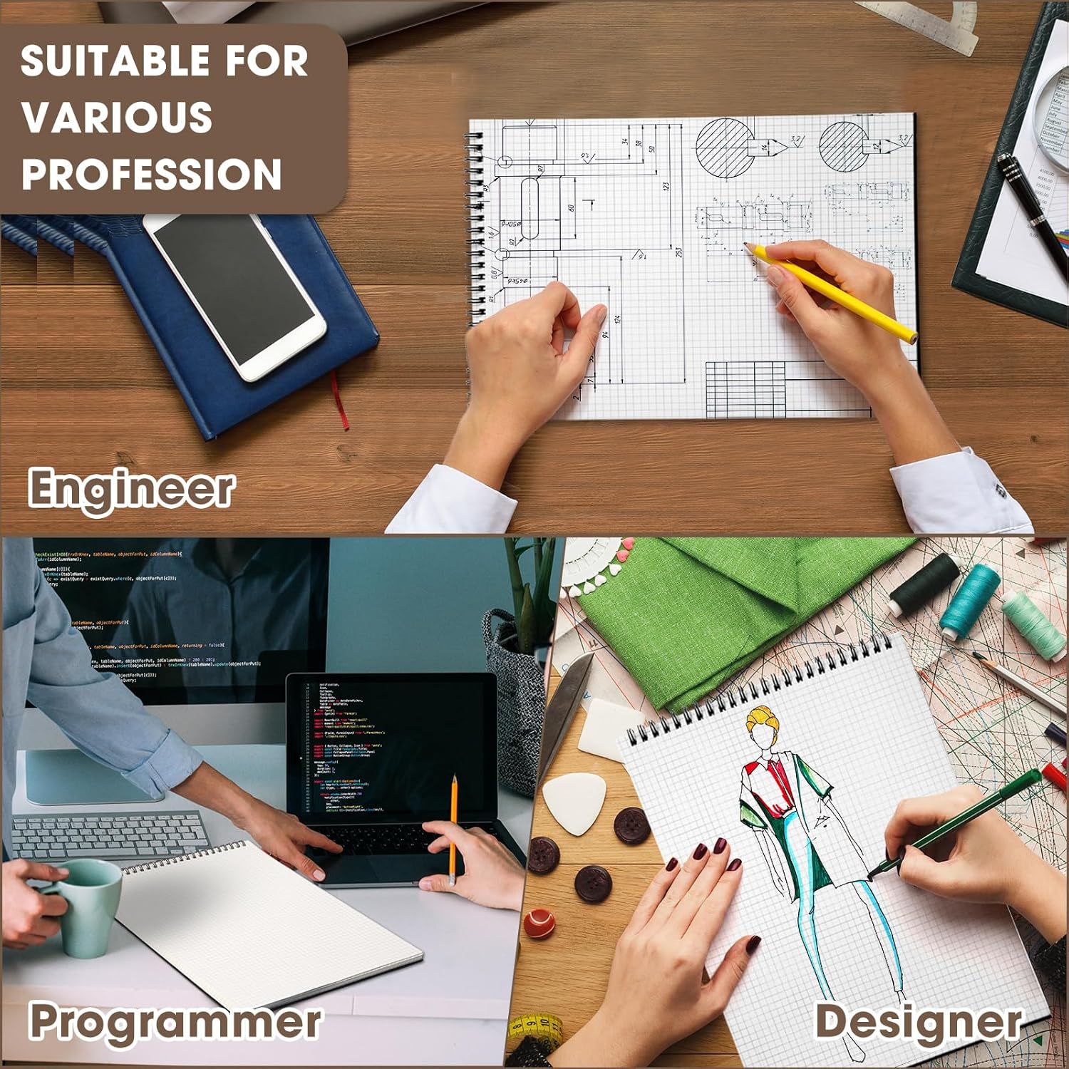 2 Pack Top Spiral Graph Paper Notebooks 8.7 X11.4 Inch A4 Grid Notepad 70 Sheet Memo Steno Pad for V1259-DP01-A-5611