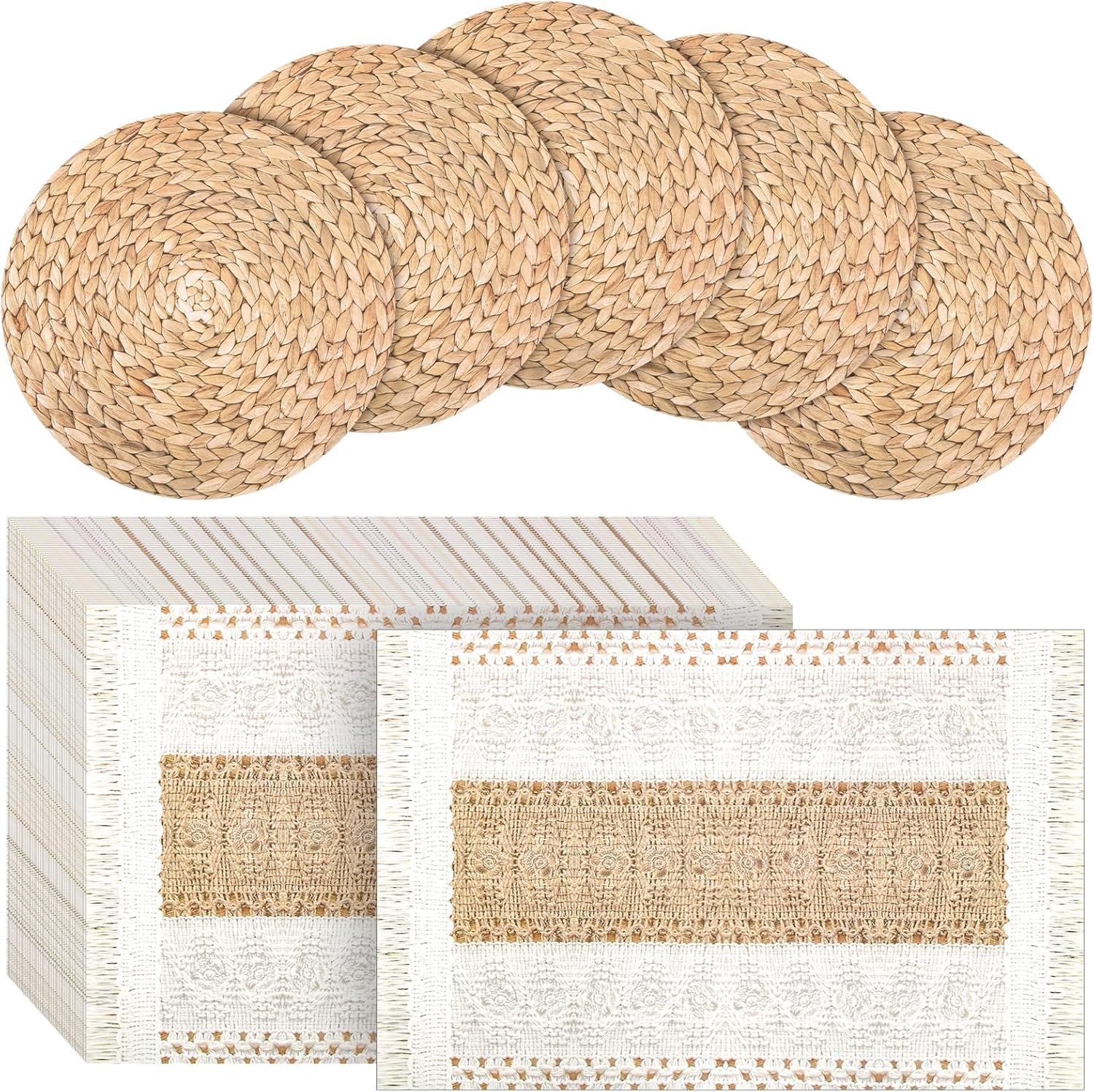 100 Pcs Boho Disposable Paper Placemats Set Round Braided Rattan Woven Place and Rectangle Burlap Printed V1259-DP01-A-5635
