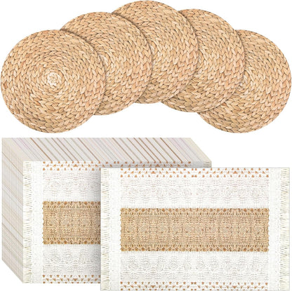 100 Pcs Boho Disposable Paper Placemats Set Round Braided Rattan Woven Place and Rectangle Burlap Printed V1259-DP01-A-5635