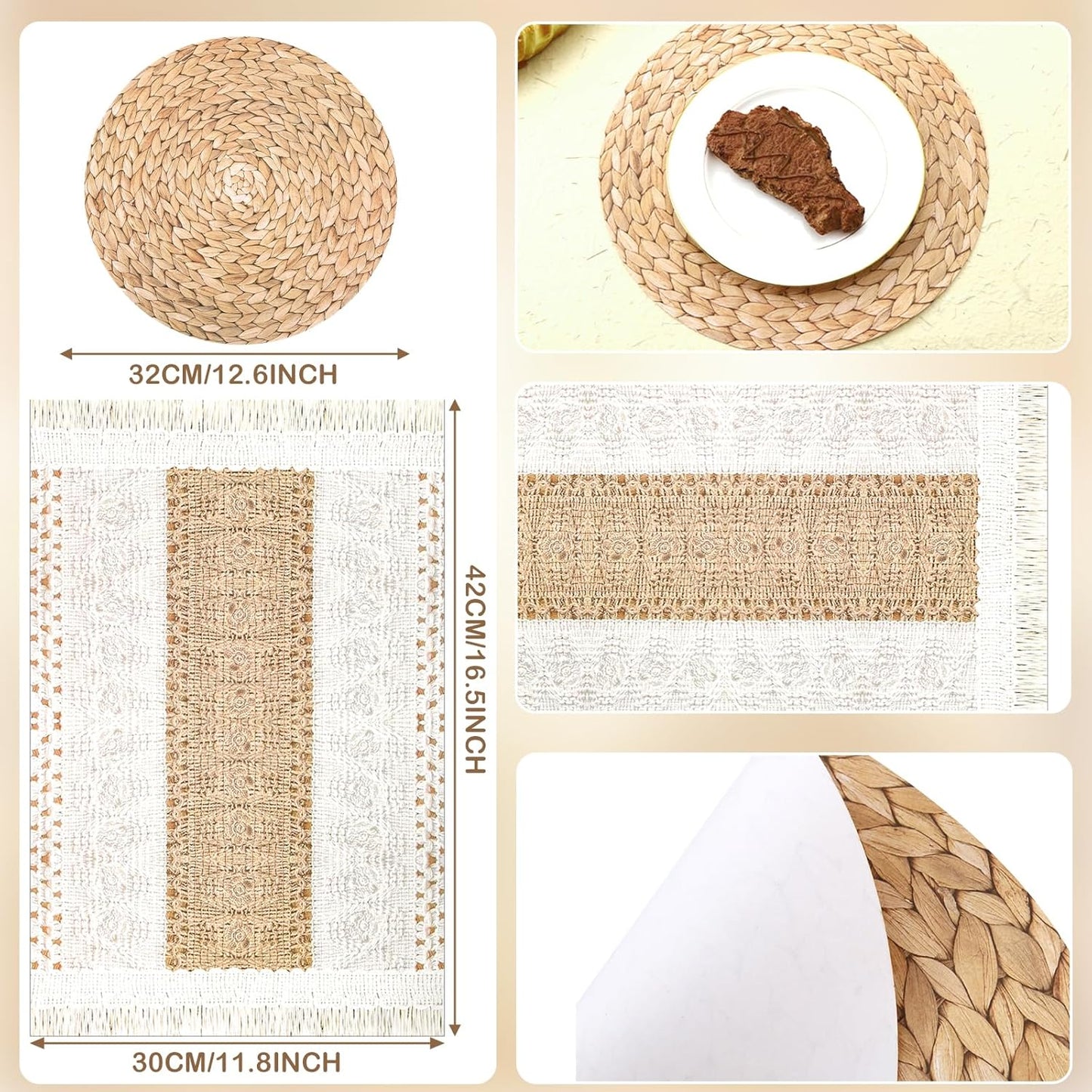 100 Pcs Boho Disposable Paper Placemats Set Round Braided Rattan Woven Place and Rectangle Burlap Printed V1259-DP01-A-5635