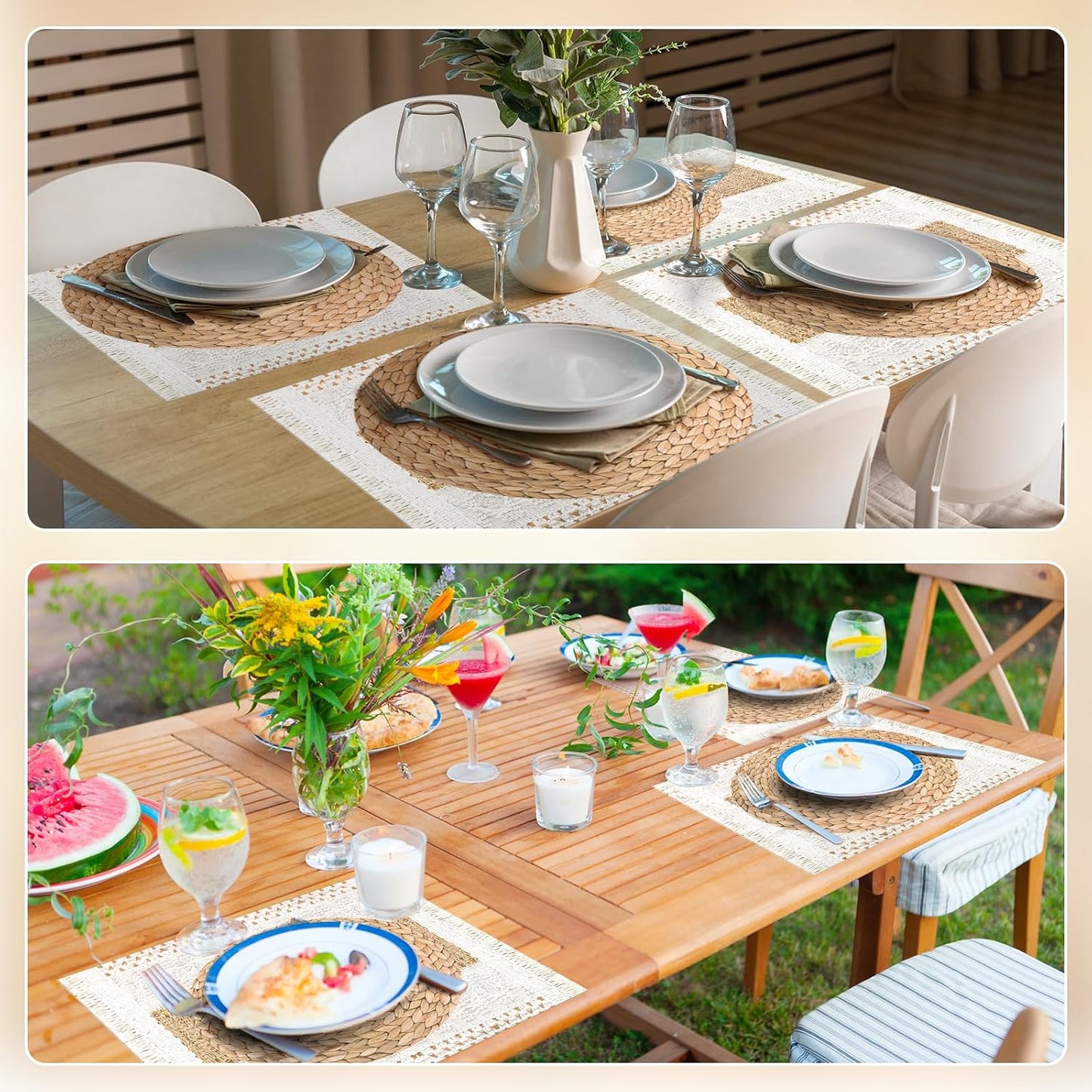 100 Pcs Boho Disposable Paper Placemats Set Round Braided Rattan Woven Place and Rectangle Burlap Printed V1259-DP01-A-5635