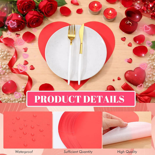 100 Pcs Red Heart Placemats Disposable Paper Table Decorations Indoor Shape for Valentine Mother's Day V1259-DP01-A-5637