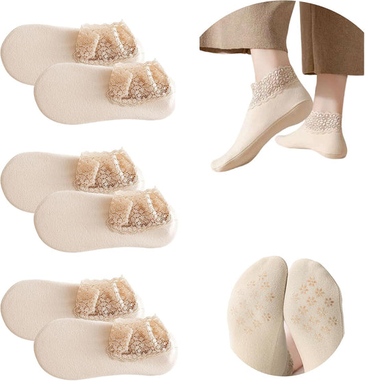 3Pairs Lace Socks No Show Frilly Ankle Knit Cotton Non Slip Low Cut for Women Floor Beige One Size V1259-DP01-A-5685