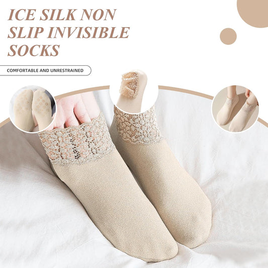 3Pairs Lace Socks No Show Frilly Ankle Knit Cotton Non Slip Low Cut for Women Floor Beige One Size V1259-DP01-A-5685
