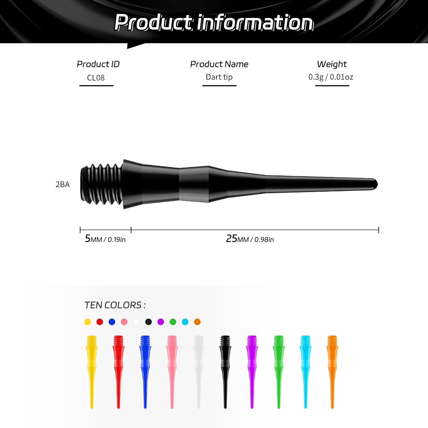 2BA Thread Soft Tip Dart Points 500 Pack, 10 Colors, Plastic Tips Replacement,Darts Accessories 500pcs - V1259-DP01-A-5701