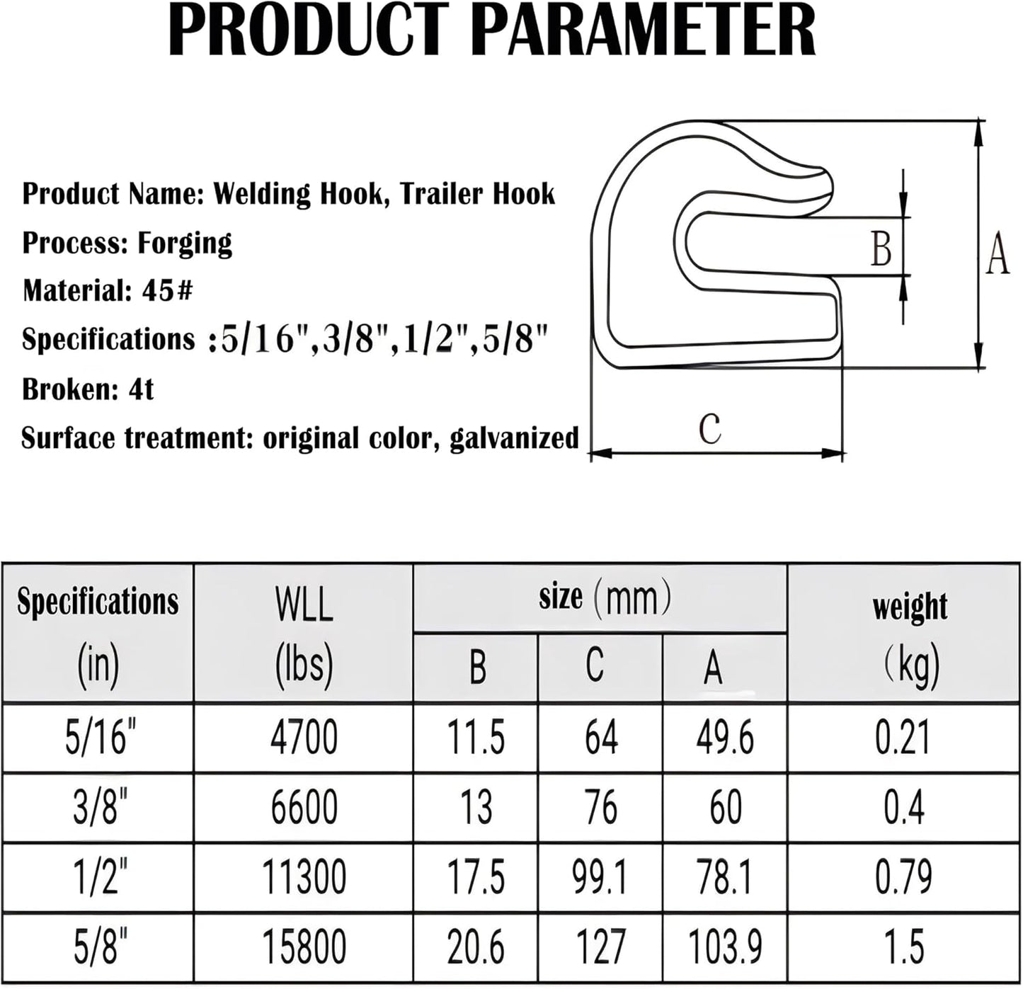 Weld On Grab Chain Hook,3/8" Hooks,Grade 70 Load Limit: 6600 lbs,for Welded onto Tractors or excavators - V1259-DP01-A-5713