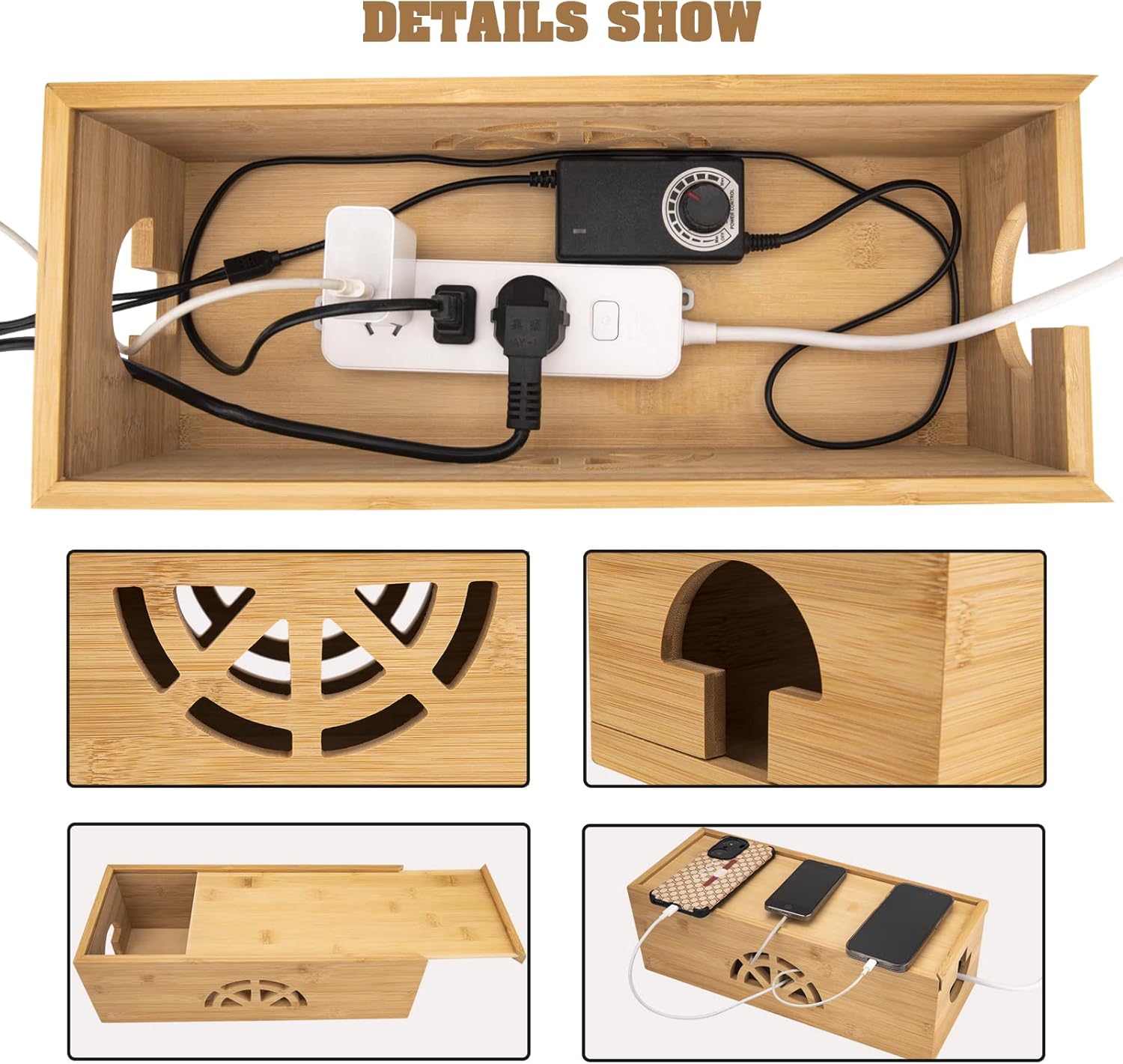 Cable Management Box,Cord Organizer Box,Bamboo Box for fit Desk Computer USB Behind TV Home Hall Power - V1259-DP01-A-5727