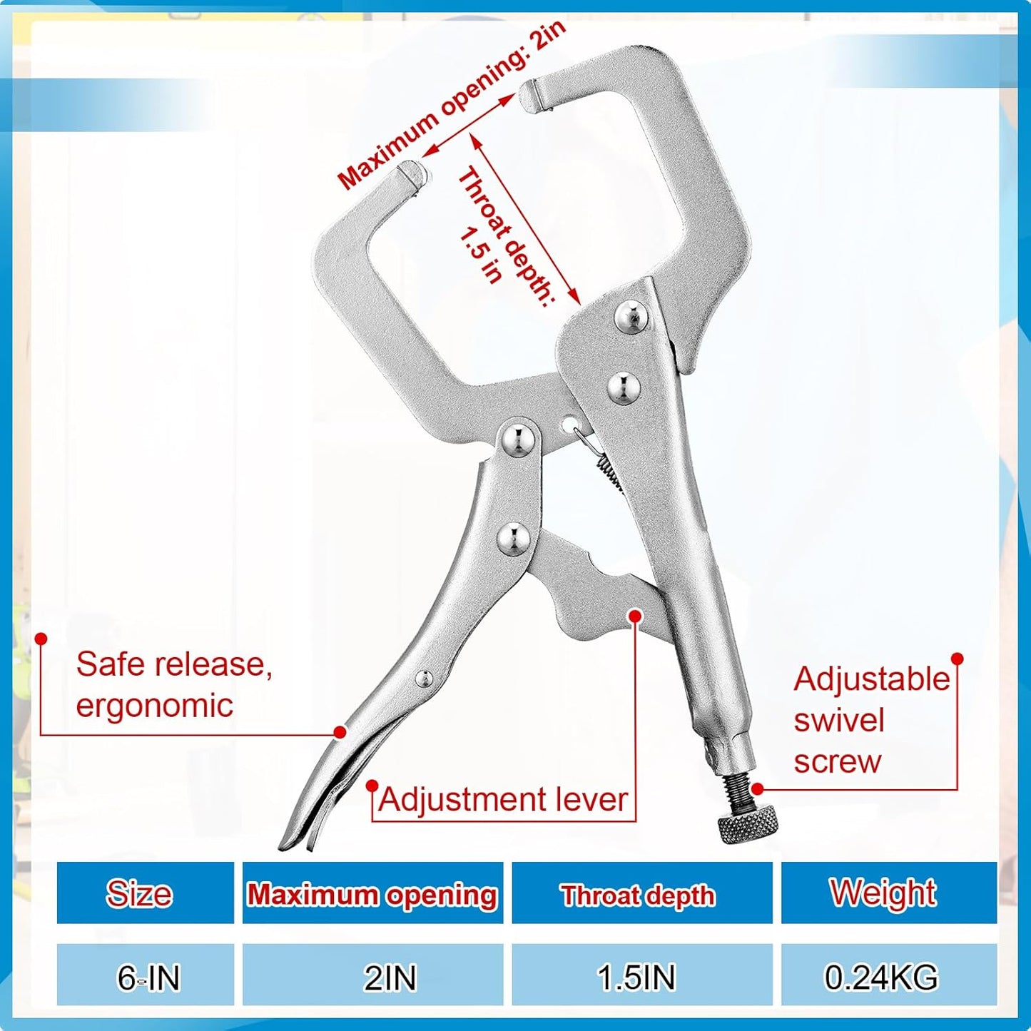 6 Pcs Inch Locking C Clamp Original Lock Regular Tips Plain adjustable Alloy Steel for Woodworking Carpentry V1259-DP01-A-5757