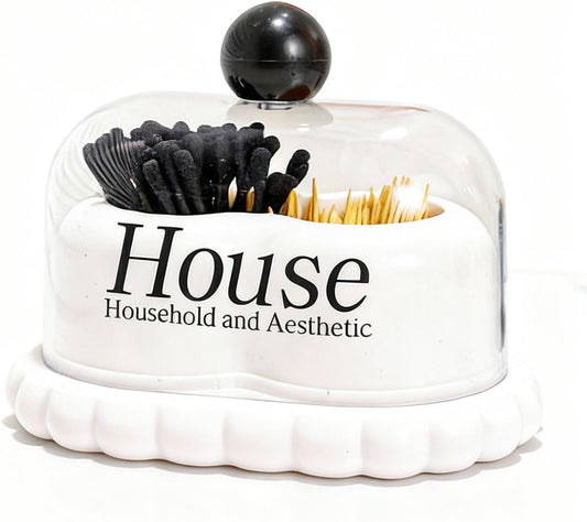 Dual Compartment Cotton Swab & Toothpick Holder with Lid, Minimalist Bathroom Canister Organizer for Vanity V1259-DP01-A-648