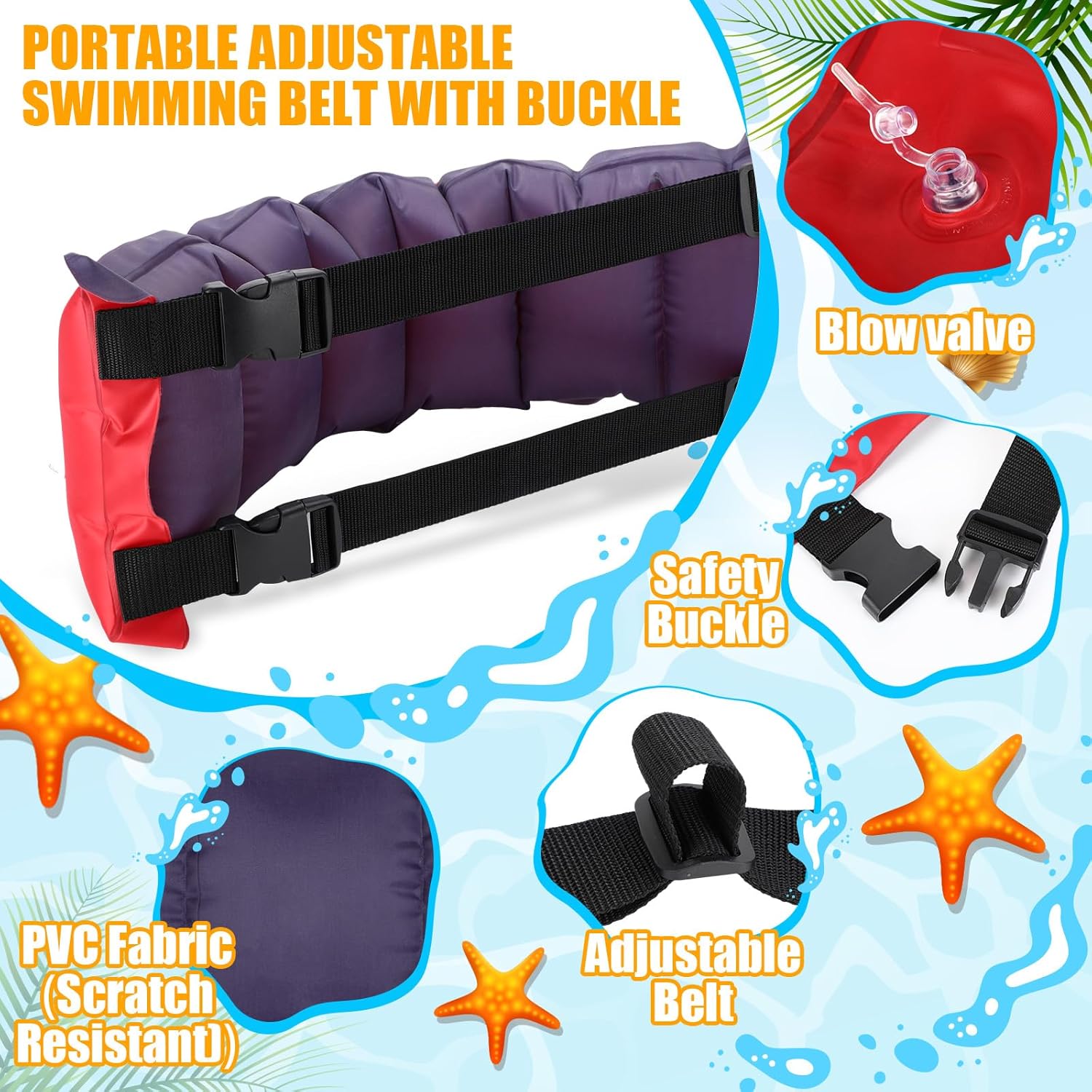 Inflatable Swim Belt Pool Flotation Portable Waist Floatation Aid for Adults Adjustable Training with Buckle V1259-DP01-A-681