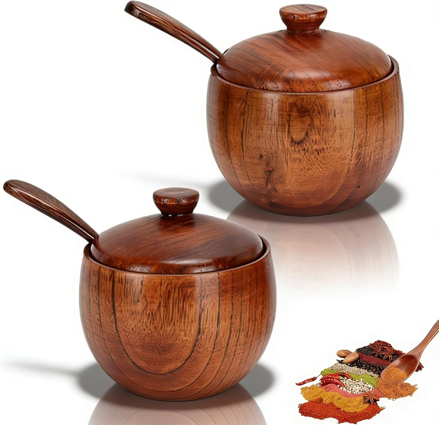 2 Pack Sugar Bowl with Lid and Spoon, Coffee Container Set Wooden Condiment Pot Decorative Storage Seasoning V1259-DP01-A-702