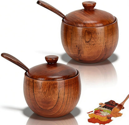 2 Pack Sugar Bowl with Lid and Spoon, Coffee Container Set Wooden Condiment Pot Decorative Storage Seasoning V1259-DP01-A-702