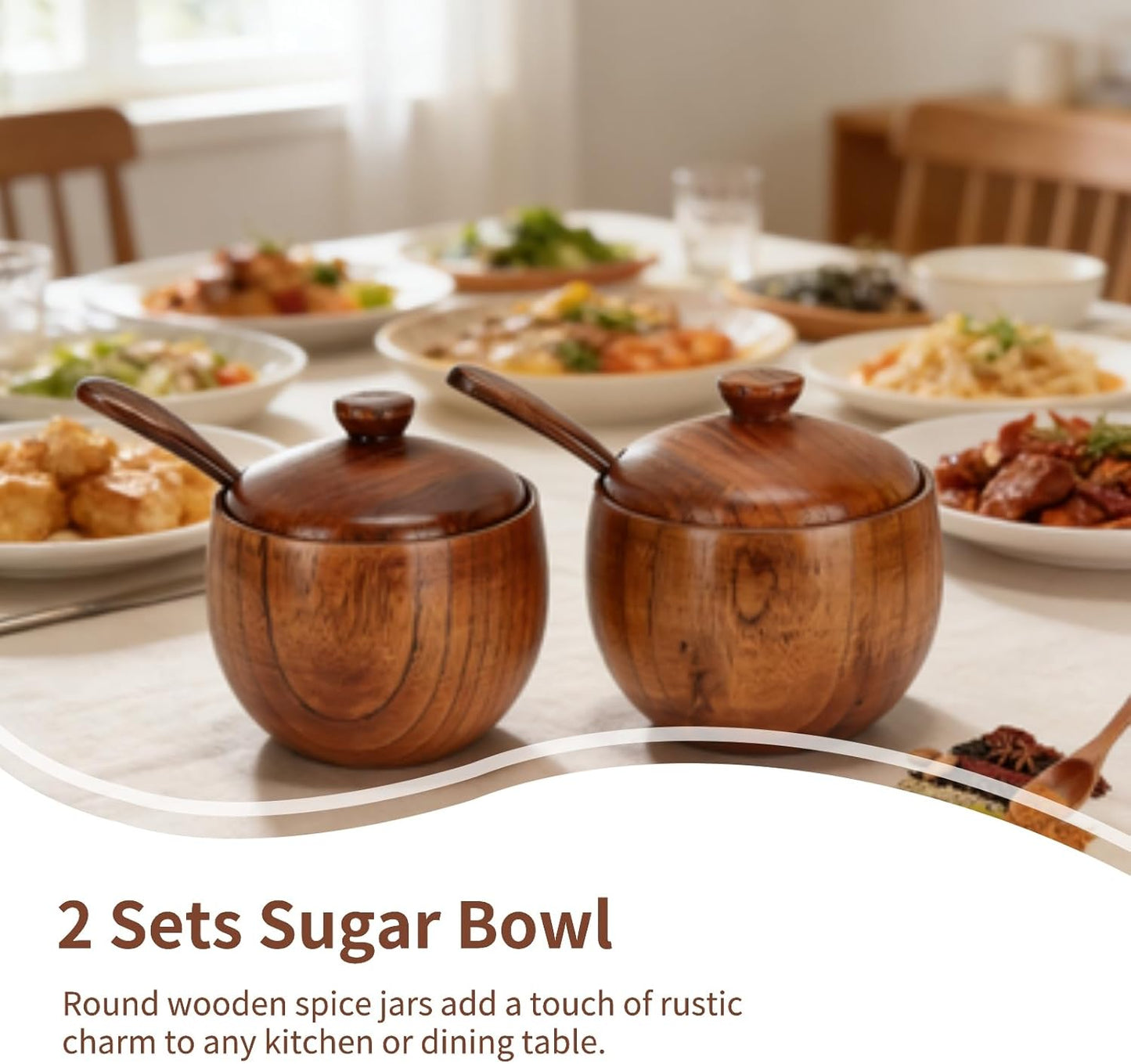 2 Pack Sugar Bowl with Lid and Spoon, Coffee Container Set Wooden Condiment Pot Decorative Storage Seasoning V1259-DP01-A-702